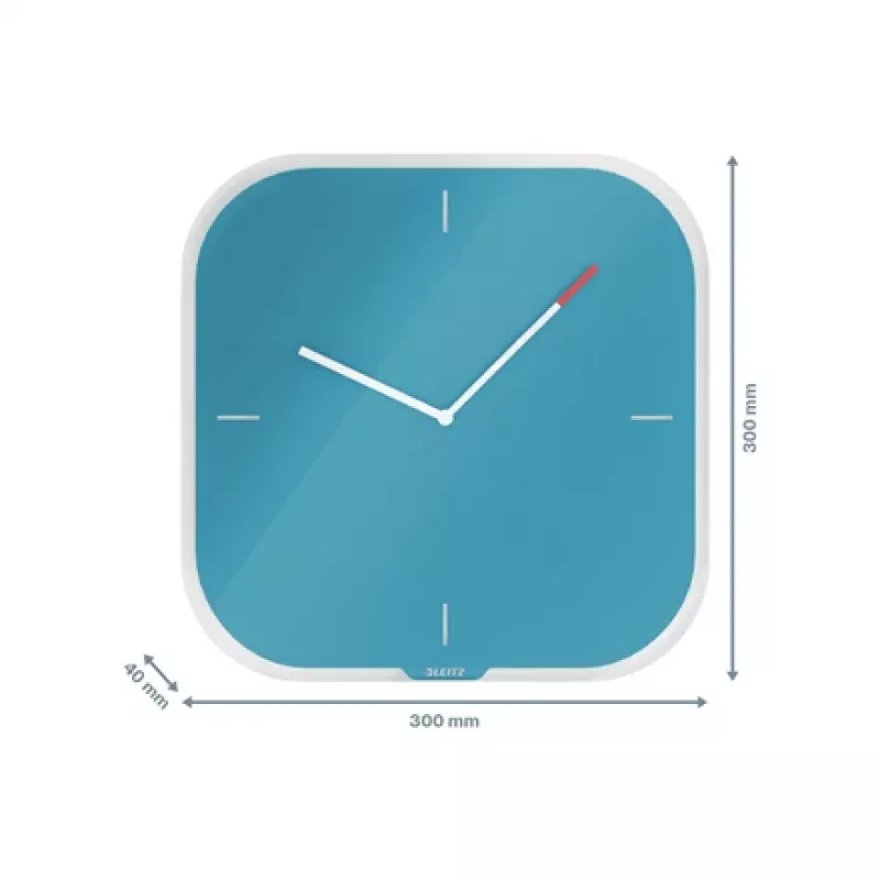 Leitz Cosy Silent Glass Wall Clock, Square, Blue, 300 mm, 300 mm, 40 mm, 1.6 kg
