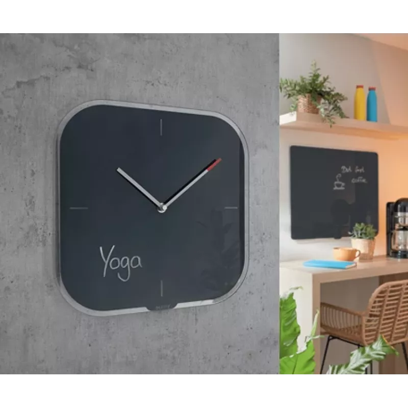 Leitz Cosy Silent Glass Wall Clock, Square, Black, 300 mm, 300 mm, 40 mm, 1.6 kg