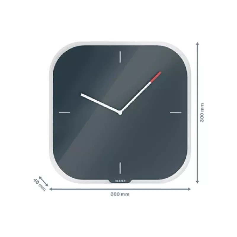 Leitz Cosy Silent Glass Wall Clock, Square, Black, 300 mm, 300 mm, 40 mm, 1.6 kg