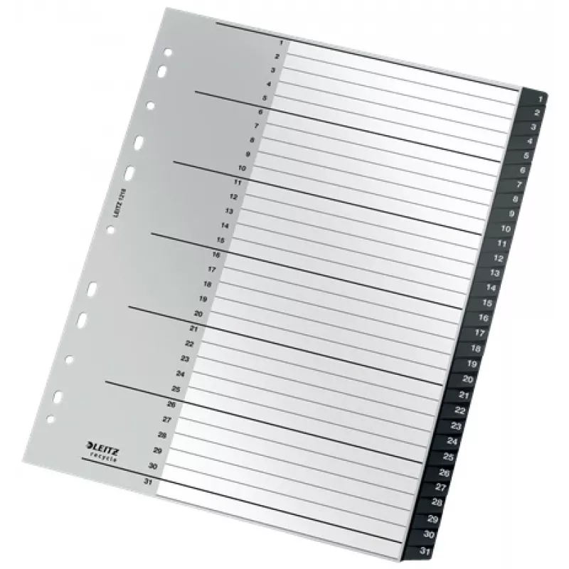 Leitz Recycle Index, PP, extra wide, Numeric tab index, Polypropylene (PP), Black, White, Portrait, A4 Maxi, 160 g/m²