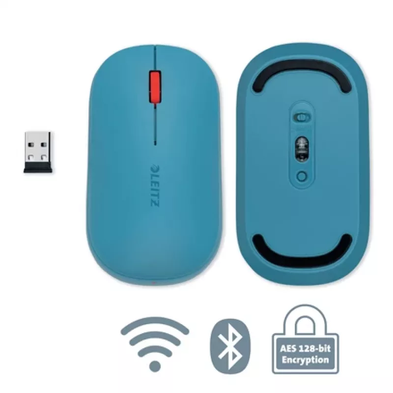 Leitz Cosy Wireless Mouse, Ambidextrous, RF Wireless + Bluetooth, 4000 DPI, Blue