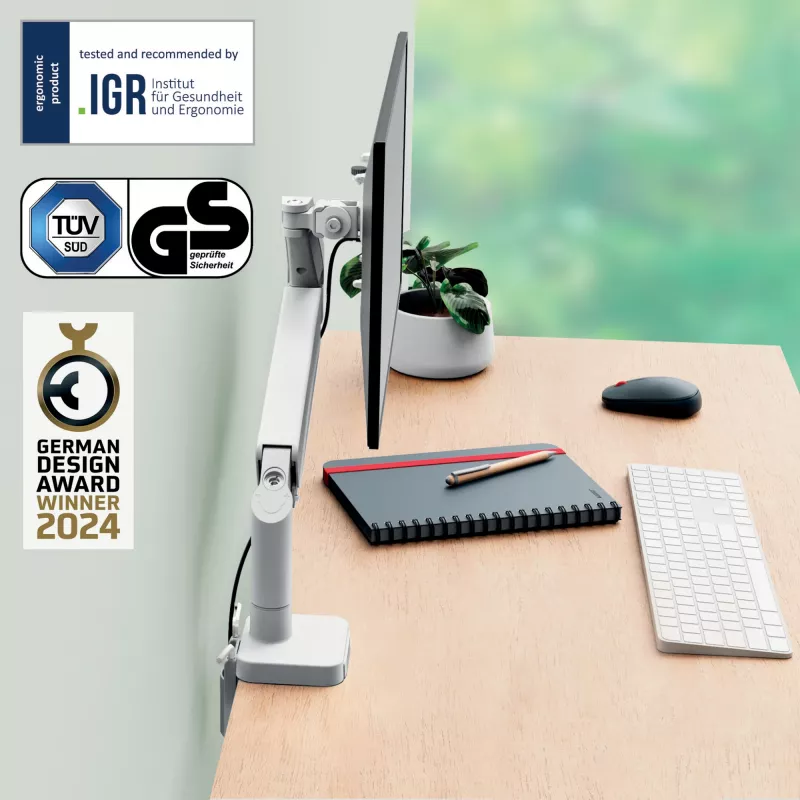 Leitz Ergo Space Saving Single Monitor Arm, Clamp/Grommet, 9 kg, 43.2 cm (17 inch), 81.3 cm (32 inch), 100 x 100 mm, Grey