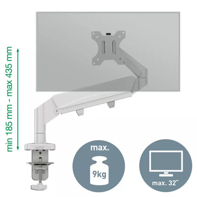 Leitz Ergo Space Saving Single Monitor Arm, Clamp/Grommet, 9 kg, 43.2 cm (17 inch), 81.3 cm (32 inch), 100 x 100 mm, Grey