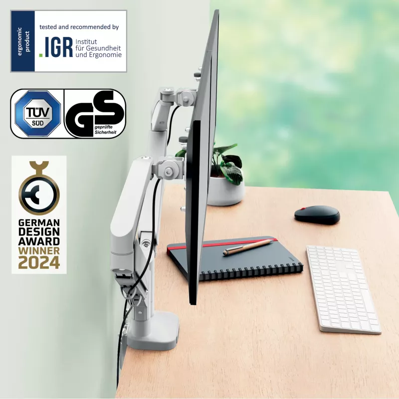 Leitz Ergo Space Saving Dual Monitor Arm, Clamp/Grommet, 18 kg, 43.2 cm (17 inch), 81.3 cm (32 inch), 100 x 100 mm, Grey