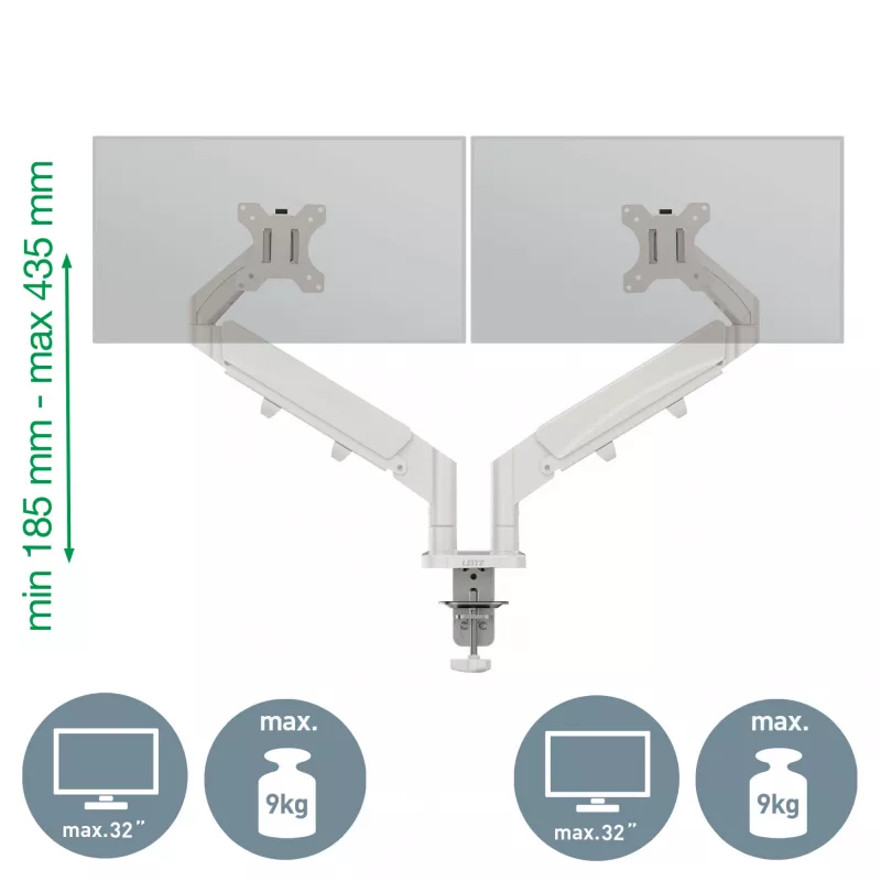 Leitz Ergo Space Saving Dual Monitor Arm, Clamp/Grommet, 18 kg, 43.2 cm (17 inch), 81.3 cm (32 inch), 100 x 100 mm, Grey