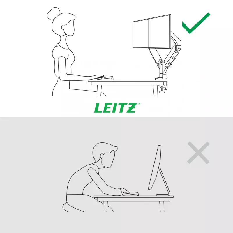 Leitz Ergo Space Saving Dual Monitor Arm, Clamp/Grommet, 18 kg, 43.2 cm (17 inch), 81.3 cm (32 inch), 100 x 100 mm, Grey