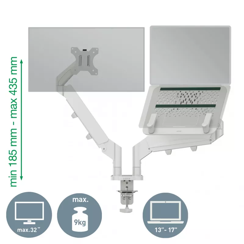 Leitz Ergo Space Saving Dual Monitor & Laptop Arm, Clamp/Grommet, 9 kg, 33 cm (13 inch), 81.3 cm (32 inch), 100 x 100 mm, Grey
