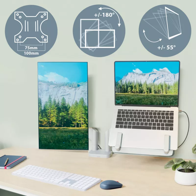 Leitz Ergo Space Saving Dual Monitor & Laptop Arm, Clamp/Grommet, 9 kg, 33 cm (13 inch), 81.3 cm (32 inch), 100 x 100 mm, Grey