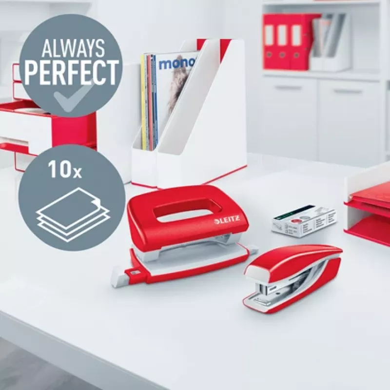 Leitz Stapler & Hole Punch Set Mini WOW, 10 sheets, Red, P2, Metal, 80 g/m², 3.5 cm
