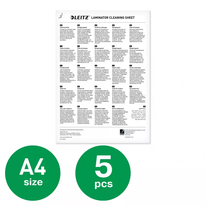 Leitz Premium A3/A4 laminator cleaning sheets, pack of 5, 210 mm, 297 mm, 5 pc(s)