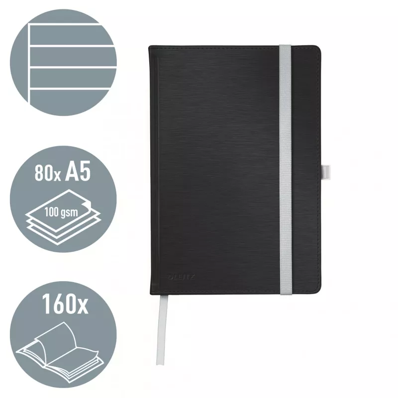 Leitz Style Notebook A5 ruled with hardcover, Monochromatic, Black, A5, 80 sheets, 100 g/m², Lined paper