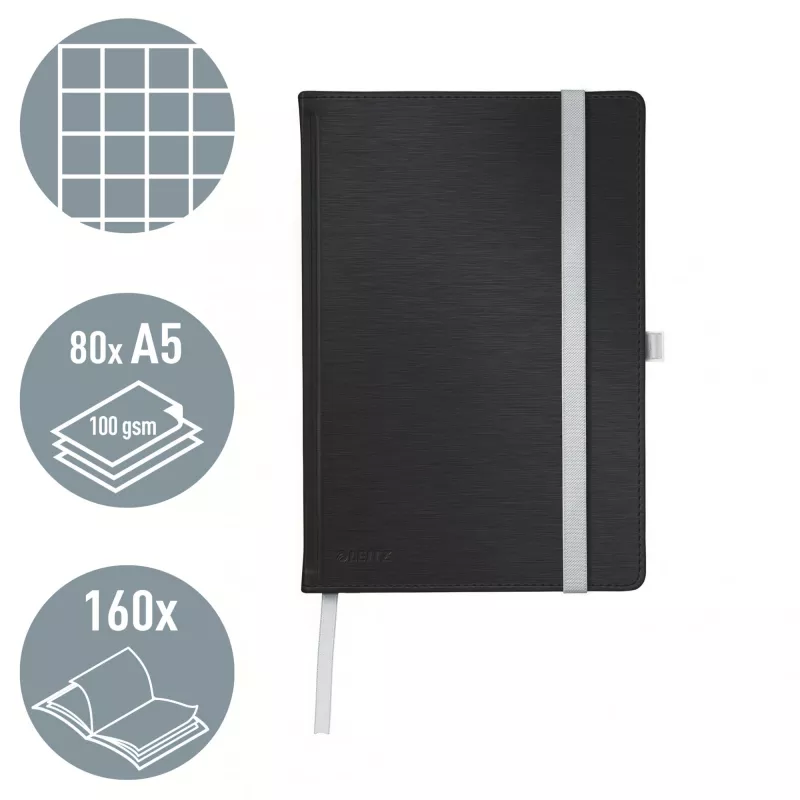 Leitz Style Notebook A5 squared with hardcover, Monochromatic, Black, A5, 80 sheets, 100 g/m², Squared paper