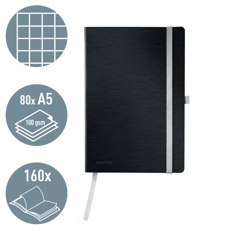 Leitz Style Notebook A5 squared with softcover, Monochromatic, Black, A5, 80 sheets, 100 g/m², Squared paper