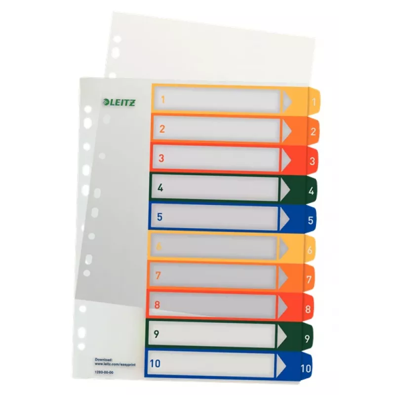 LEITZ Plastic Index, Numbers, A4 Extra Wide, 1-10, PC-Writable, Transparent with Coloured Tabs, PP, 10-Part (1293-00-00)