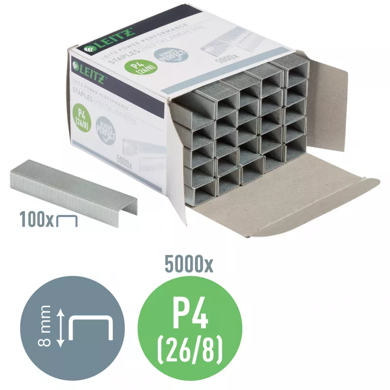 Leitz Staples Power Performance P4 26/8 Box of 5000, Staples pack, 26/8, 8 mm, 100 staples, Fixing, 26/8