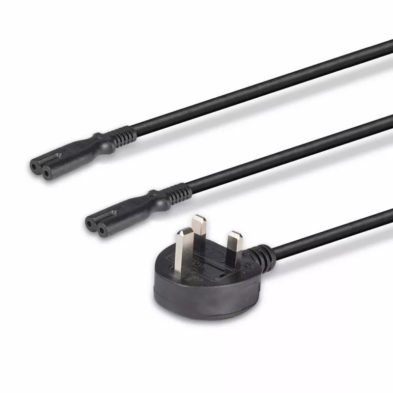 Lindy 2.5m UK 3 Pin Plug to 2 x IEC C7 Splitter Extension Cable, Black