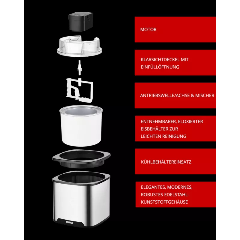 Unold Ice cream maker Gelato 1.5 L, Traditional ice cream maker, 1.5 L, 1 bowls, Black, Stainless steel, 30 min, LCD