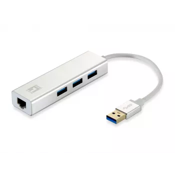LevelOne Gigabit USB Network Adapter, USB Hub, Wired, USB, Ethernet, 1000 Mbit/s, Silver, White