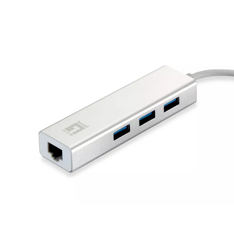 LevelOne Gigabit USB Network Adapter, USB Hub, Wired, USB, Ethernet, 1000 Mbit/s, Silver, White
