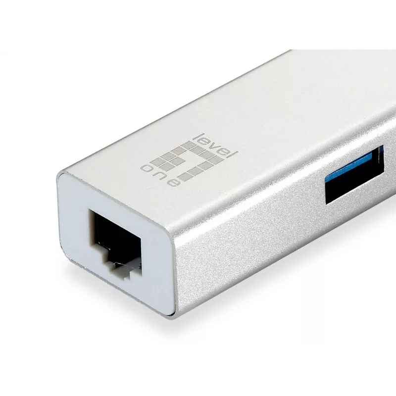 LevelOne Gigabit USB Network Adapter, USB Hub, Wired, USB, Ethernet, 1000 Mbit/s, Silver, White