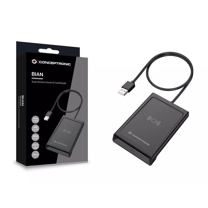 Conceptronic BIAN11B Dual Interface Smart ID Card Reader, USB 2.0, Near Field Communication (NFC), 1 m, Black, 100 g