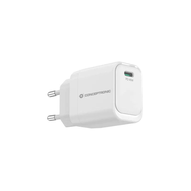 CONCEPTRONIC ALTHEA19W45 1-Port 45W GaN USB-C PD Charger with PPS, PD 3.0, 100–240V, White