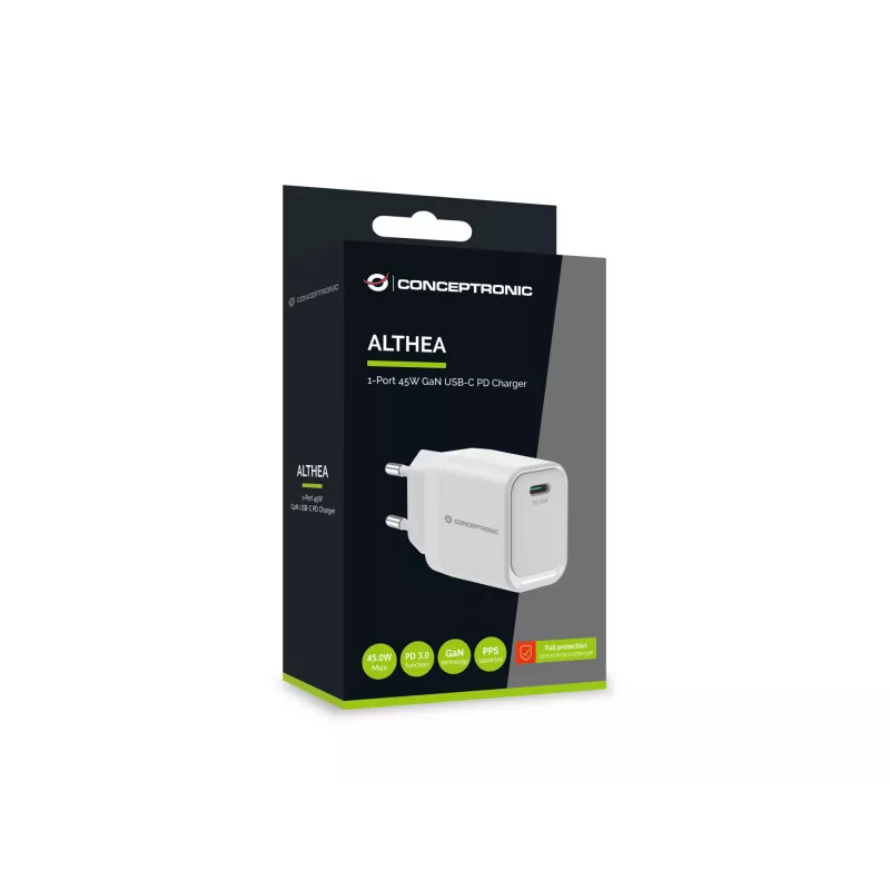 CONCEPTRONIC ALTHEA19W45 1-Port 45W GaN USB-C PD Charger with PPS, PD 3.0, 100–240V, White