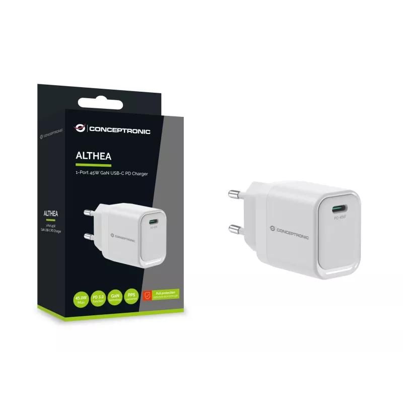 CONCEPTRONIC ALTHEA19W45 1-Port 45W GaN USB-C PD Charger with PPS, PD 3.0, 100–240V, White