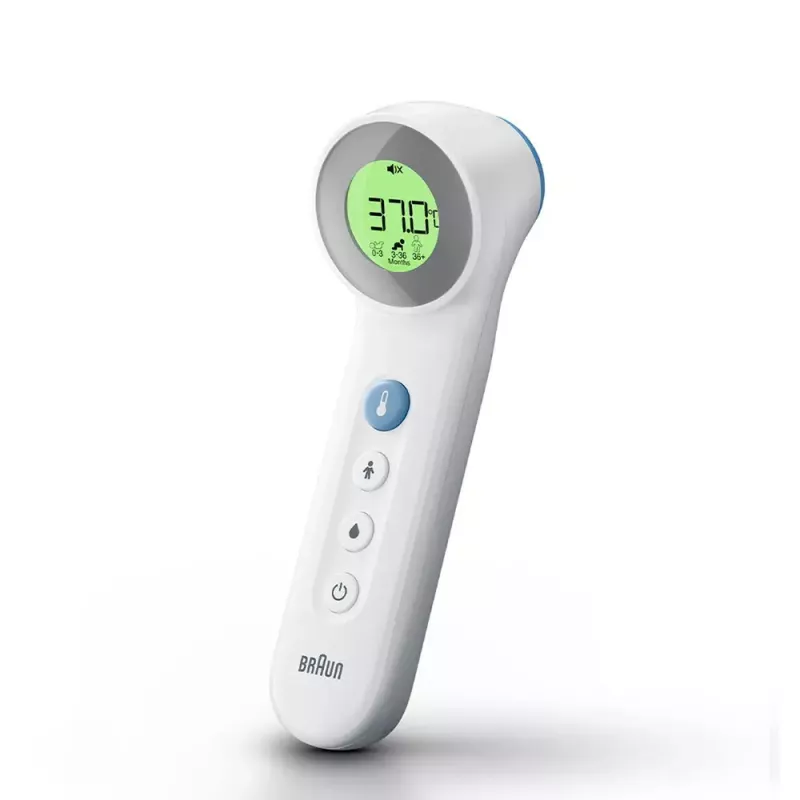Digital forehead thermometer BRAUN BNT400 — remote sensing, 34–43°C range, 0.1°C accuracy, white