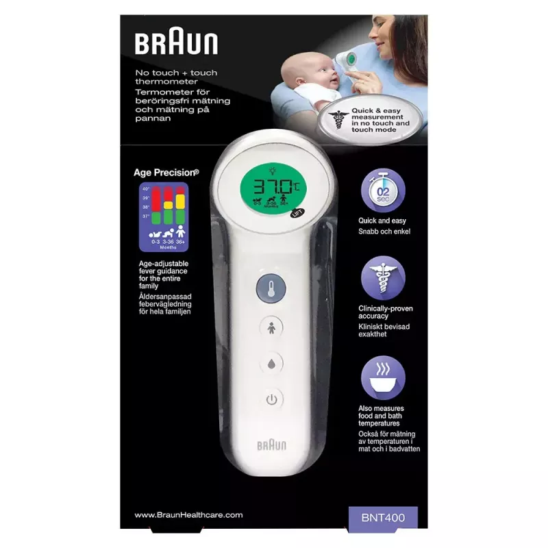 Digital forehead thermometer BRAUN BNT400 — remote sensing, 34–43°C range, 0.1°C accuracy, white