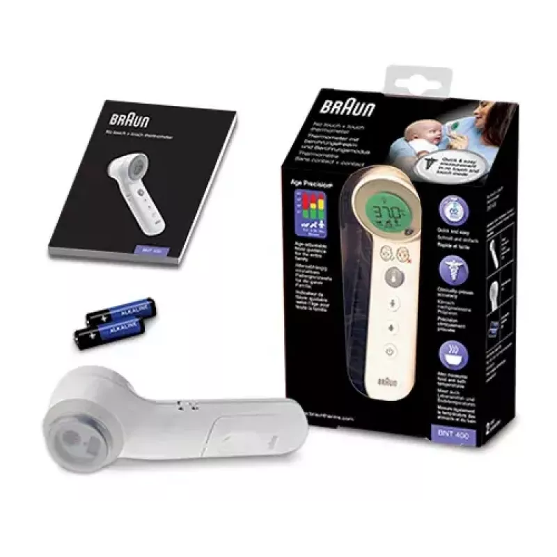 Digital forehead thermometer BRAUN BNT400 — remote sensing, 34–43°C range, 0.1°C accuracy, white