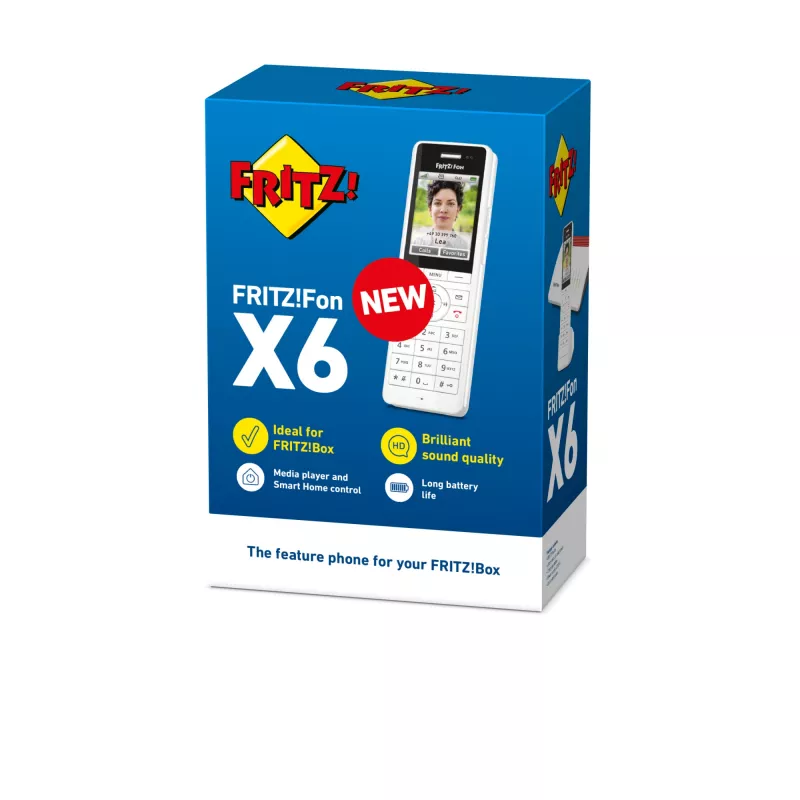 DECT cordless handset FRITZ X6 white International — speakerphone, answering machine, 100-entry phonebook