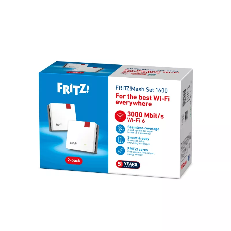 Mesh Set FRITZMESH SET 1600 2-PACK EDITION INTERNATIONAL Dual-band (2.4 GHz / 5 GHz) Wi-Fi 6 (802.11ax) Red, White Internal