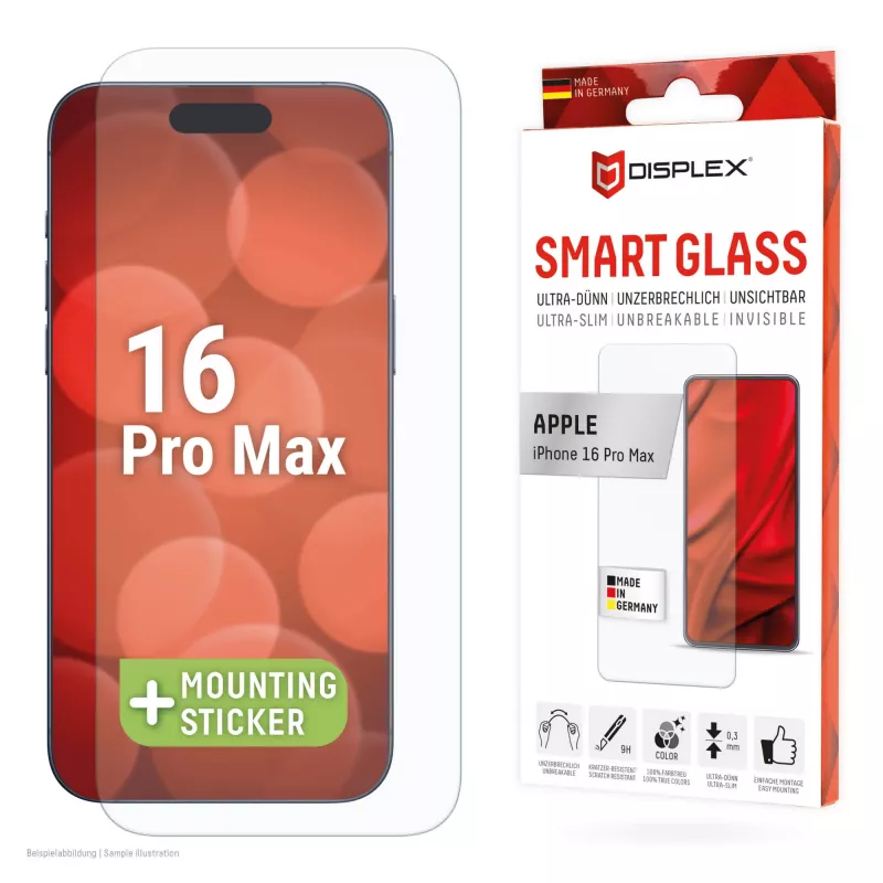 Displex Smart Glass (9H) for Apple iPhone 16 Pro Max, Mounting Sticker, unbreakable