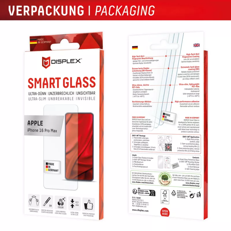 Displex Smart Glass (9H) for Apple iPhone 16 Pro Max, Mounting Sticker, unbreakable