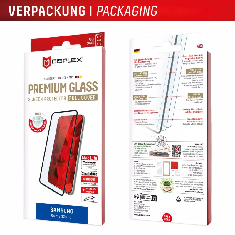 Displex Premium Screen Protector (Full Cover, 10H) for Samsung Galaxy S24 FE, Eco Mounting Frame, Full Cover