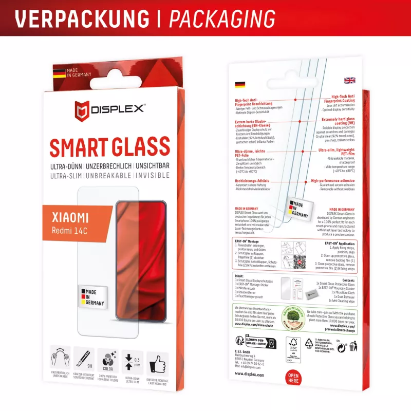 Displex Smart Glass (9H) for Xiaomi Redmi 14C, Mounting Sticker, unbreakable