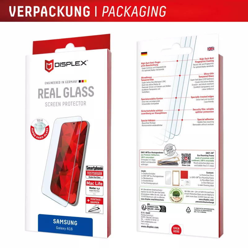 Displex Screen Protector (10H) for Samsung Galaxy A16, Eco Mounting Frame, scratch resistant
