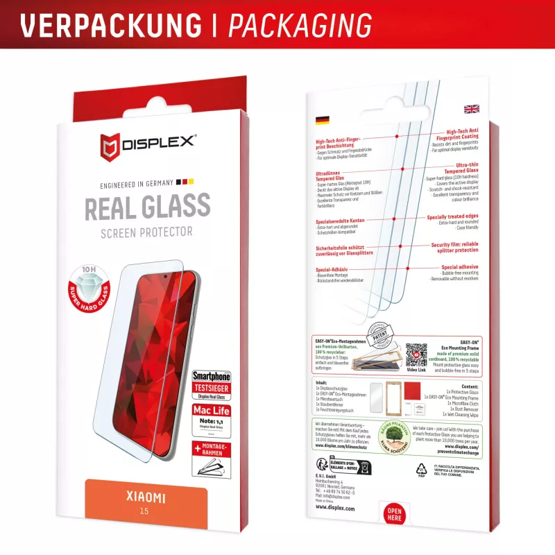 Displex Screen Protector (10H) for Xiaomi 15, Eco Mounting Frame, scratch resistant