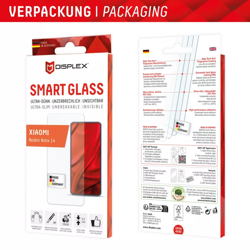 Displex Smart Glass (9H) for Xiaomi Redmi Note 14, Mounting Sticker, unbreakable
