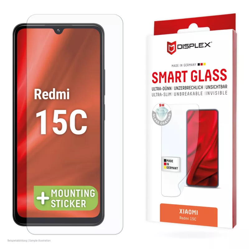 e.v.i. DISPLEX Smart Glass for Xiaomi Redmi 15C — tempered screen protector, model 02198