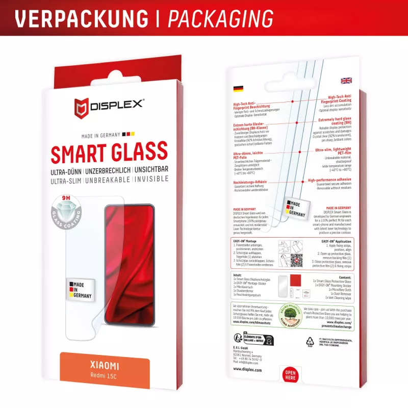 e.v.i. DISPLEX Smart Glass for Xiaomi Redmi 15C — tempered screen protector, model 02198