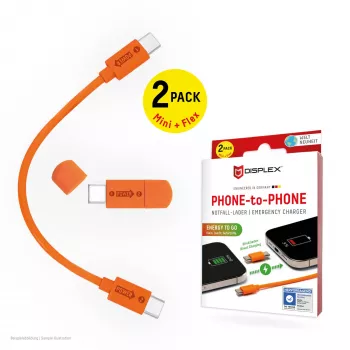 Displex Phone-to-Phone Emergency Charger, USB-C to USB-C, Mini Plug + Flex Cable, Compact 2 Pack