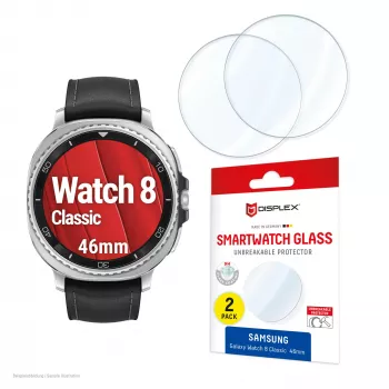 Screen protector e.v.i. Displex 9H Glass for Galaxy Watch 8 (46mm) — 2-pack, ultra-thin, borderless, anti-smudge