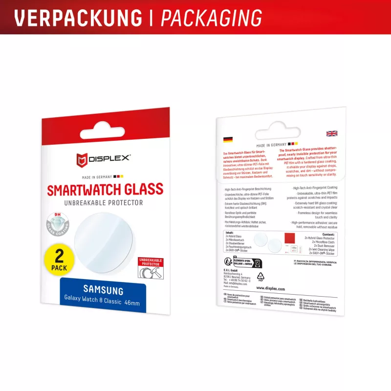 Screen protector e.v.i. Displex 9H Glass for Galaxy Watch 8 (46mm) — 2-pack, ultra-thin, borderless, anti-smudge