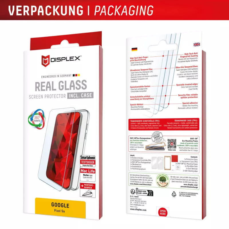 Screen protector and case set e.v.i. for Google Pixel 9a — tempered glass, eco mounting frame, transparent, scratch-resistant