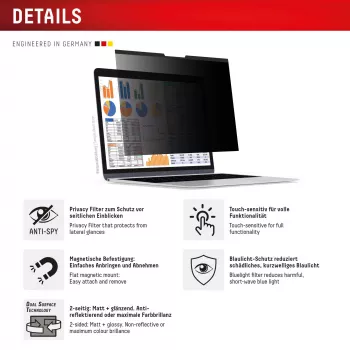 Privacy filter e.v.i. Displex PRIVACY SAFE magnetic 2-way for 16 inch (16:10) laptop / notebook, frameless, glossy/matt, 3H
