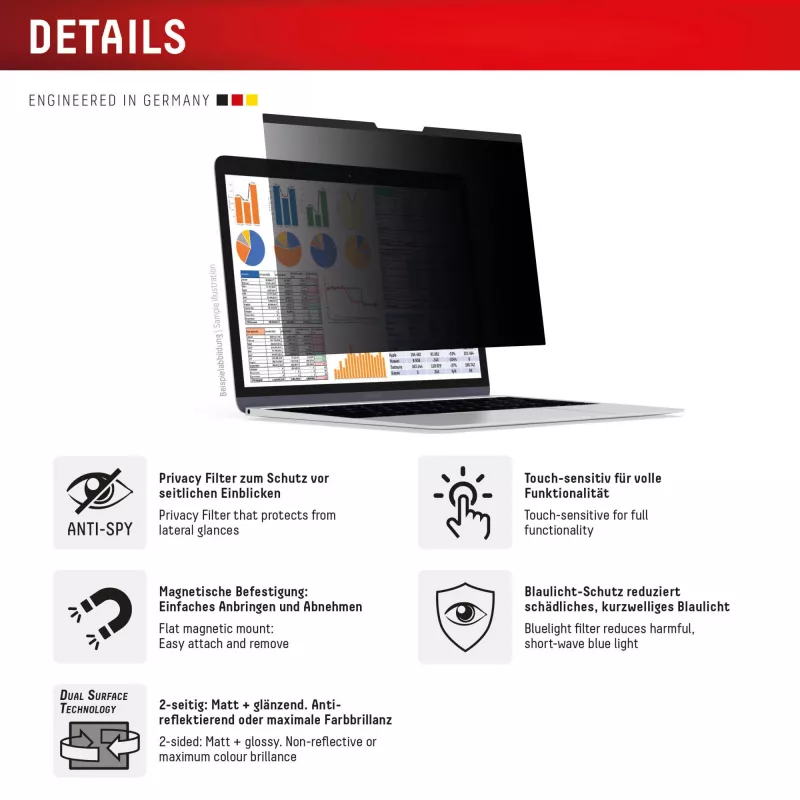 Privacy filter e.v.i. Displex PRIVACY SAFE magnetic 2-way for 16 inch (16:10) laptop / notebook, frameless, glossy/matt, 3H