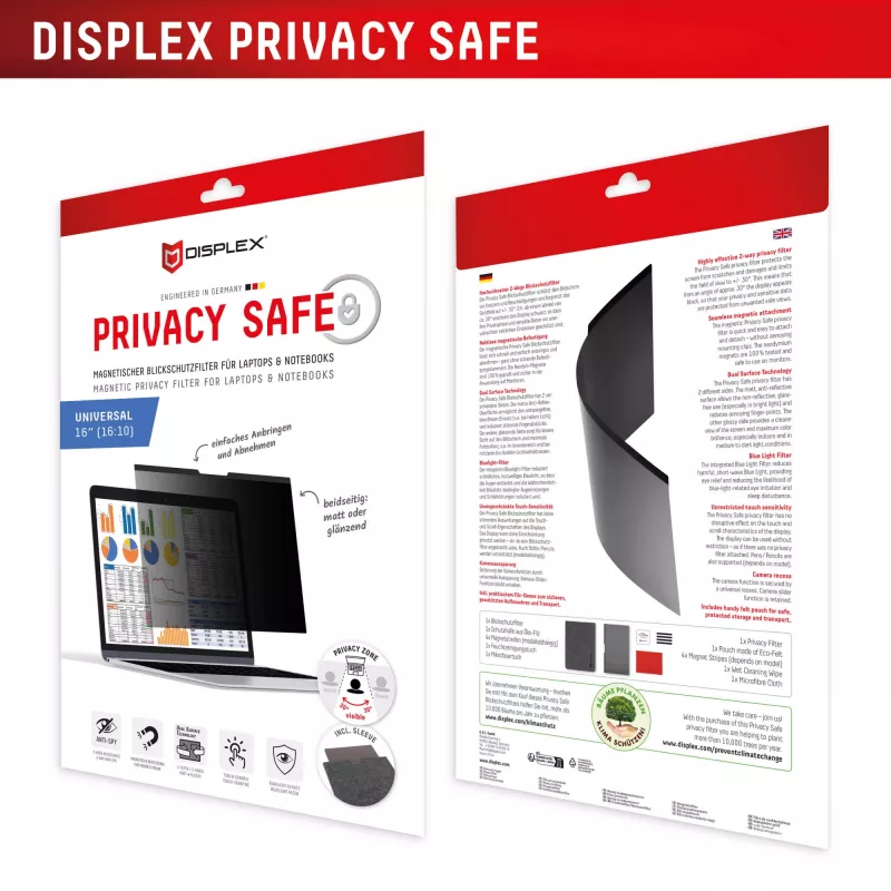 Privacy filter e.v.i. Displex PRIVACY SAFE magnetic 2-way for 16 inch (16:10) laptop / notebook, frameless, glossy/matt, 3H