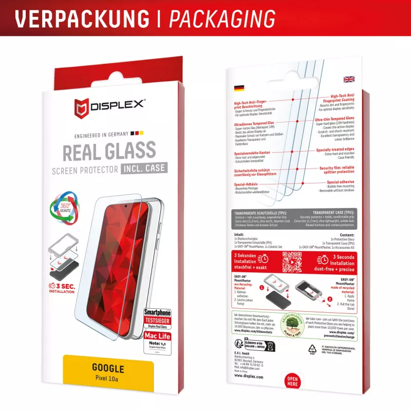 Screen protector and case e.v.i. for Google Pixel 10a — tempered glass, transparent, scratch- and impact-resistant